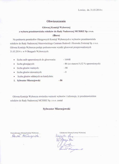 Obwieszczenie - II tura - przedstawiciel rolników
